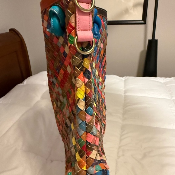 Multicolor Woven Tote with Blue Handles - Picture 4 of 6